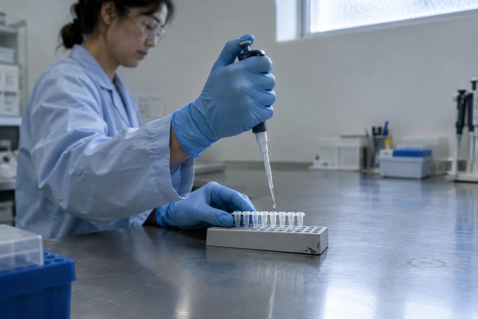 Gloved hands of a forensic DNA analyst pipetting a droplet into a strip of small tubes at a laboratory bench.