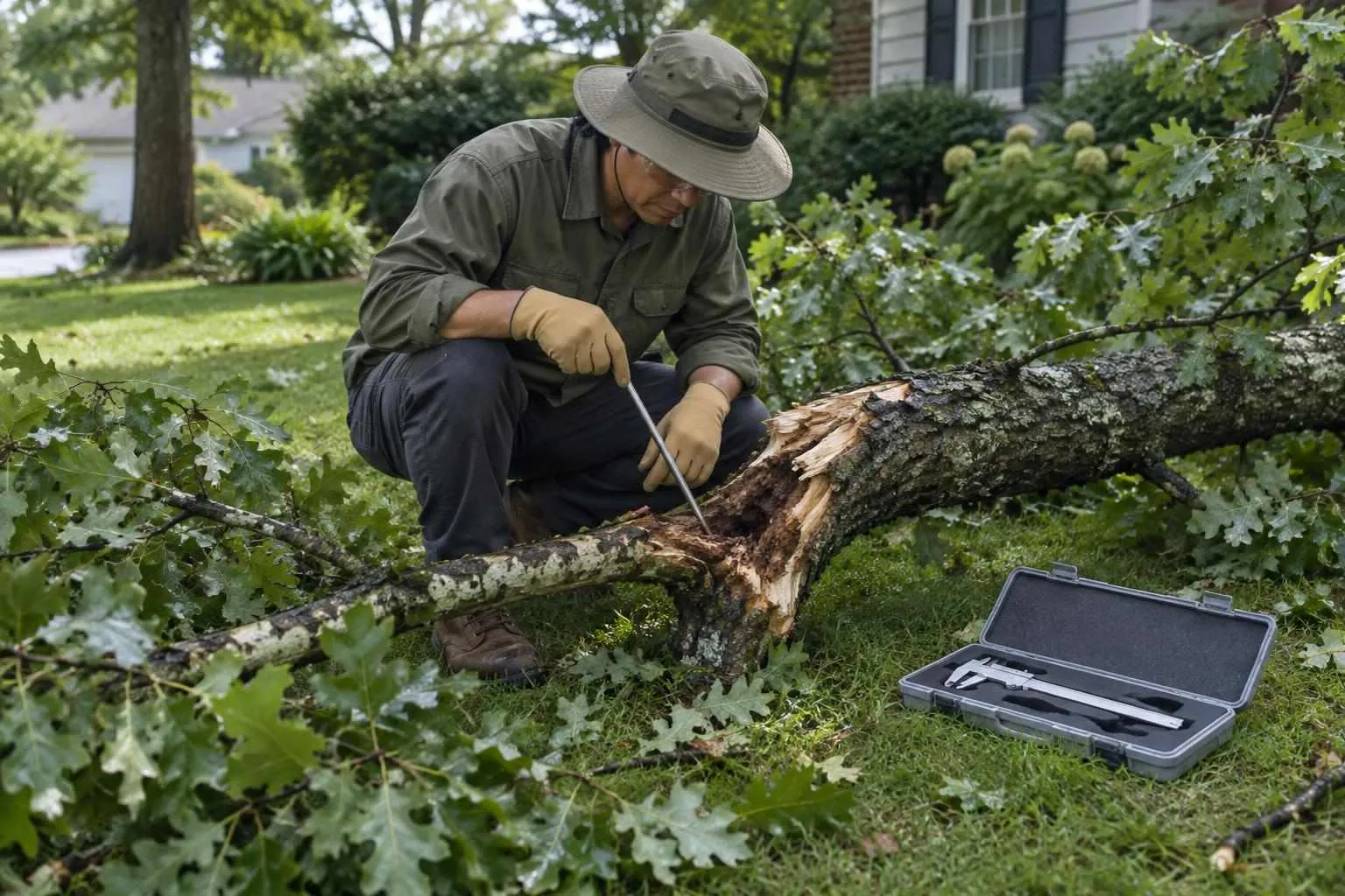 A solo arboricultural expert probes decay at a fallen oak limb’s broken union beside a compact field kit.